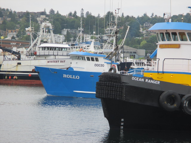 F/V Rollo Seattle Ship Canal To Fishermen's Terminal, Western Towboat Ocean Ranger standing by to stand by for a Ballard Bridge lift - NW Coffee Time at Salty Dog Floating Acres! 