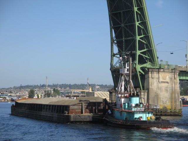 Island Chief, Island Tug & Barge, Gravel Barge Traffic, Ballard Bridge Lift Seattle Ship Canal Marine Traffic Underway - Always Busy! 