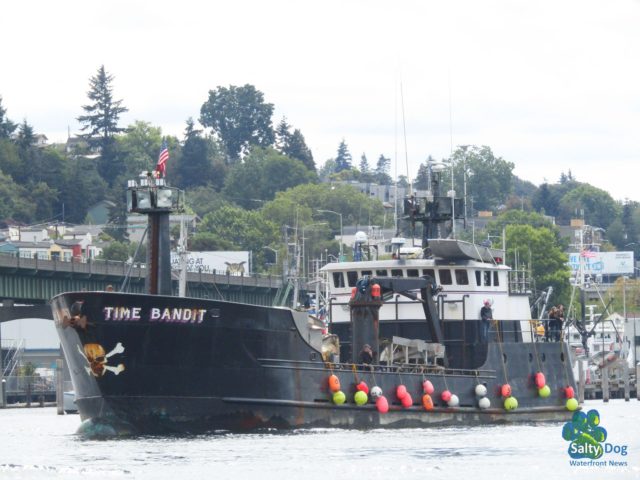 Time Bandit, Deadliest Catch AK Bering Sea Crabber, Departing Fishermen's Terminal Seattle Late Summer PNW, Photography by: Salty Dog Boating News, Salty Sea Chick, PNW Canal Marine Traffic Source! Ballard Bridge Standing by for a Lift, Canal Eastbound