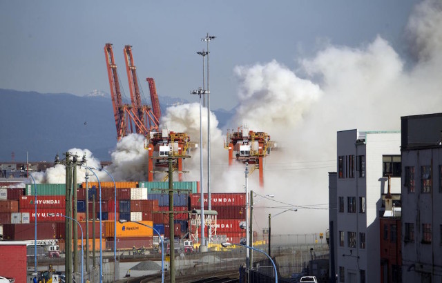 Smoke from a fire rises at the Port Metro Vancouver