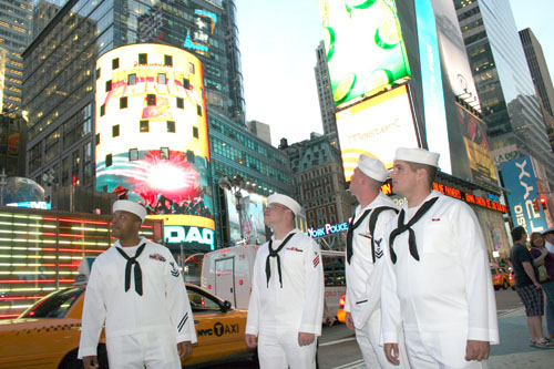 110525-N-XY282-080 NEW YORK (May 25, 2011) Sailors visit Times Square during Fleet Week New York 2011. Fleet Week has been New York City's celebration of the sea services since 1984. It is an opportunity for citizens of New York and the surrounding tri-state area to meet Sailors, Marines, and Coast Guardsmen, as well as see first-hand, the capabilities of today's maritime services. (U.S. Navy photo by Mass Communication Specialist 1st Class Richard M. Wolff/Released)