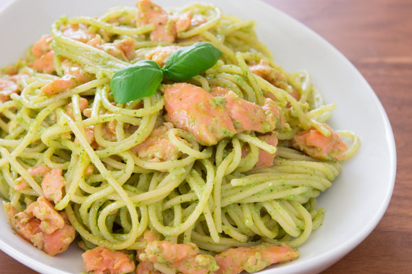 Spaghetti and smoked salmon tossed with a simple basil cream sauce.
