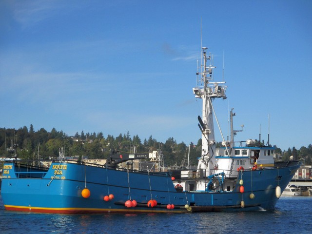 F/V North Sea, Alaska Crabber, Coastal Villages, Passing Fishermen's Terminal, PNW Commercial Marine Traffic