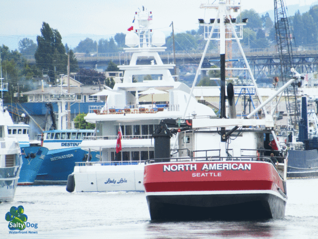 Superyacht hits Seattle Ship Canal, Lady Lola followed by AK Bering Sea Crabber, North American 