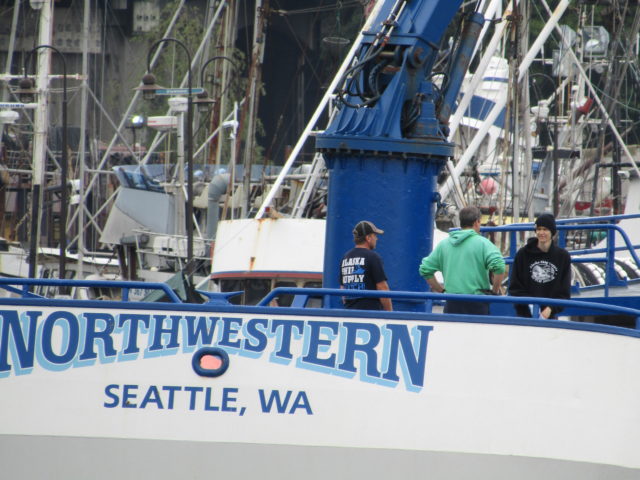 Northwestern Deadliest Catch Boat, Pulling into Fishermen's Terminal after AK Crab Season, Unloading Pots