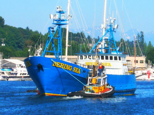 Bering Sea, AK Bering Sea Crabber getting a Fremont Tugboat Assist, Ship Canal, Photo By; Salty Dog Boating News, Salty Sea Chick, Marine Traffic Underway Pulse