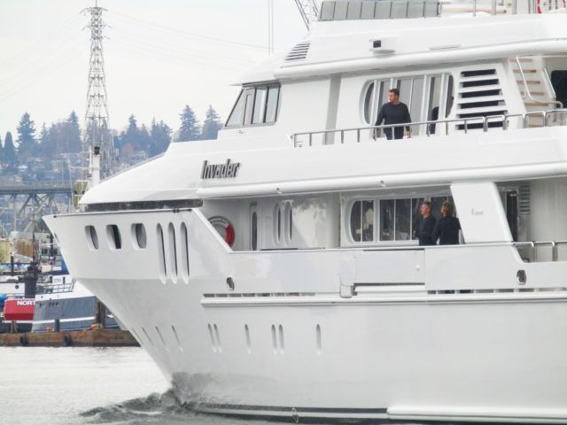 Invader Superyacht in Seattle, just through Ballard Locks, Jim Gabbert Mega Yacht, Ballard Bridge Lift, Photography by:  Salty Dog Boating News, Salty Sea Chick Marine Traffic Pulse PNW to AK