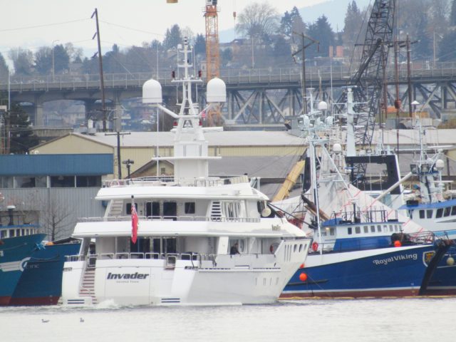 Invader, Superyacht Owned by: Jim Gabberts, KOFY San Francisco Entrepreneur, in Seattle Ship Canal Passing Trident Seafoods Old Yard