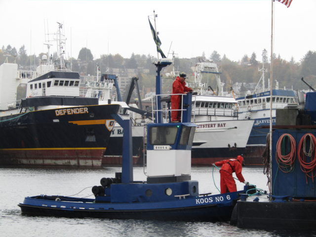 Rain Gear In Snotty Weather, Seattle Ship Canal, Seaborn Pile Driving Crew Underway PNW