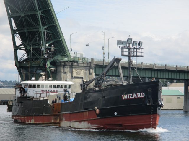 Wizard, Deadliest Catch AK Bering Sea Crabber, Ballard Bridge Lift, Westbound Seattle Ship Canal, Waves & Woopla... back to the dock, Photography by: Salty Dog Boating News, Salty Sea Gal, AK to PNW Bering Sea Crabber Marine Traffic Underway Source! 