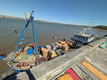 Fishing boat docked with crates on pier